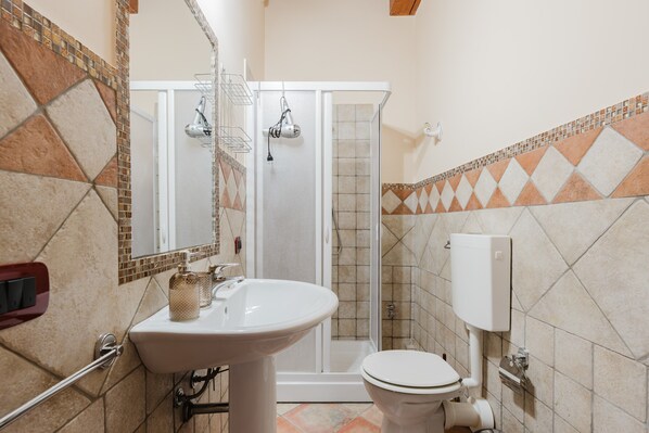 A bathroom with a shower, toilet, sink, and a mirror.