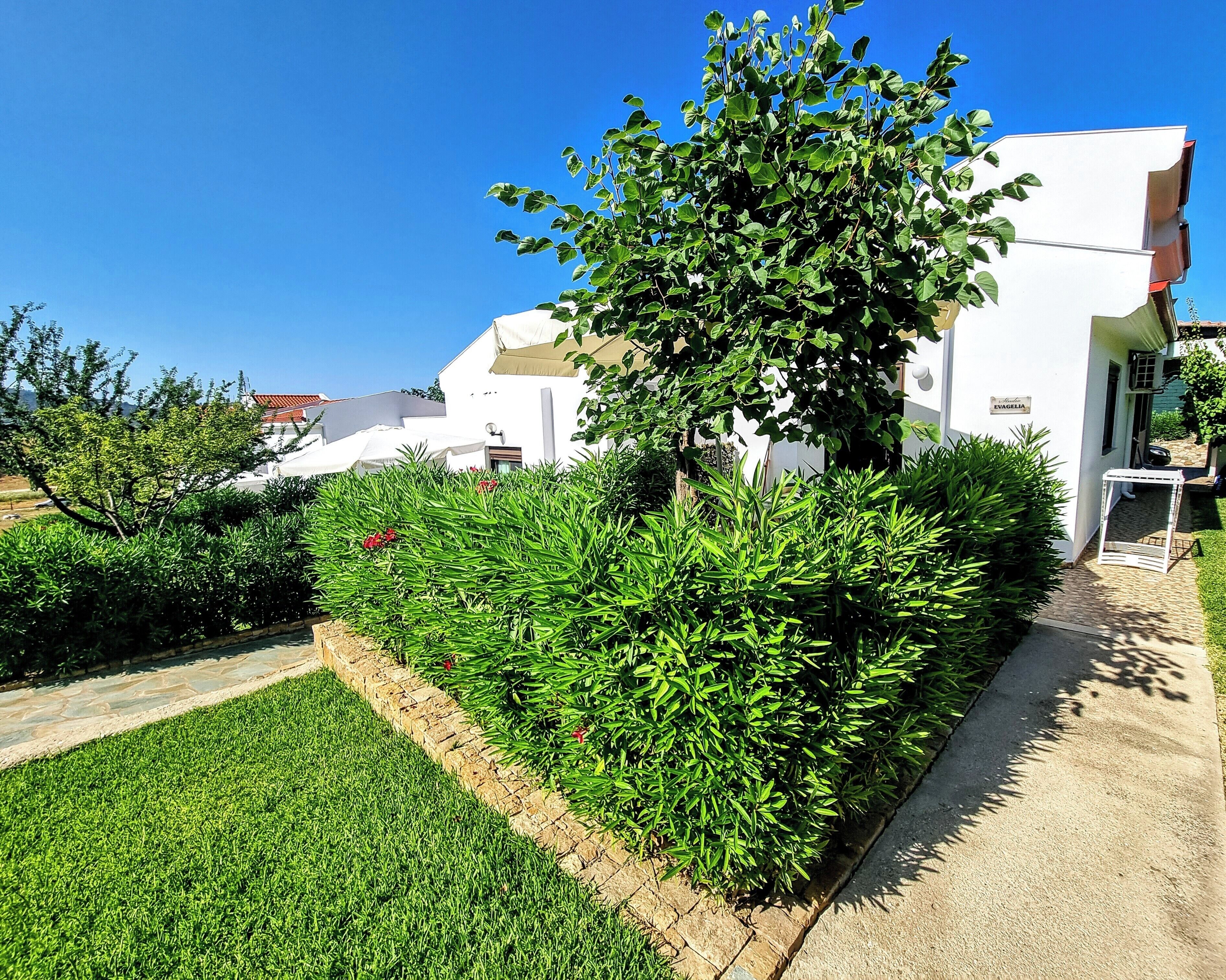 A well-maintained garden with a variety of plants and a paved walkway leading to a white building with a sign that reads "EVAGELIA."