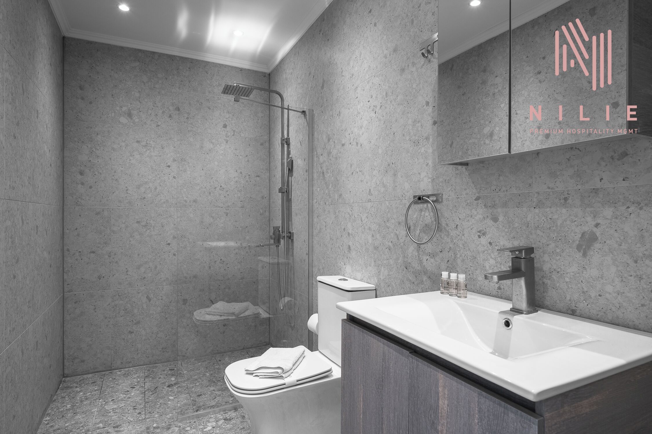 A modern bathroom with a shower, toilet, and sink.