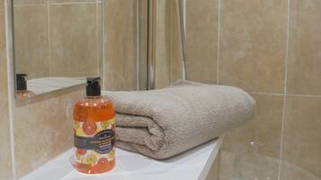 Hair dryer, towels, toilet paper