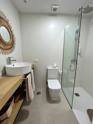 Regadera, secadora de cabello, toallas, papel de baño 