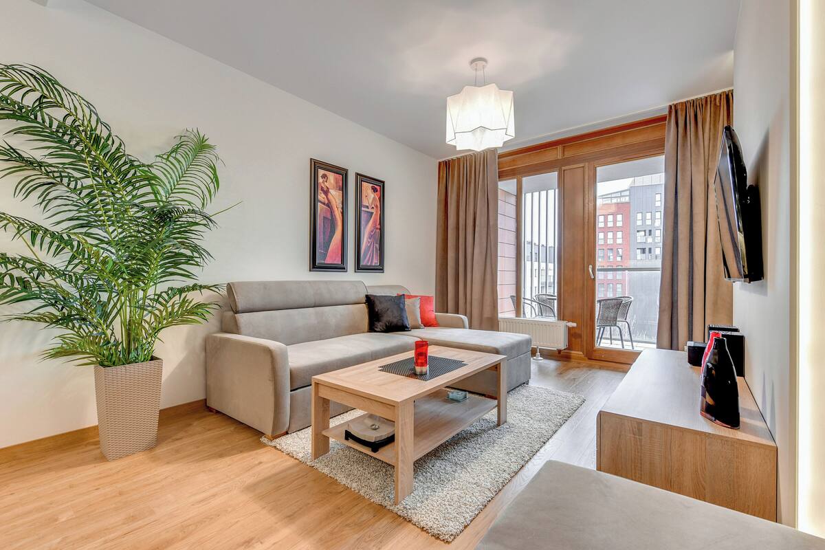 A modern living room with a sofa, a coffee table, a potted plant, and a television.