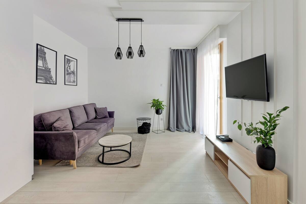 A modern living room with a sofa, a coffee table, a TV, and a plant.