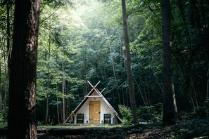 A small, triangular wooden cabin in a forest. - Le Lodge de la Saône I LCH (Caluire et Cuire)