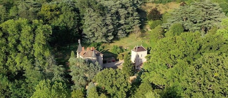 An aerial view of a forested area with two buildings, one with a tower and another with a smaller structure.