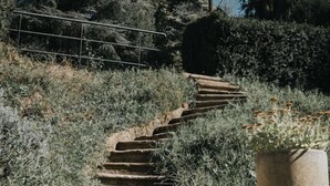 A stone staircase leading up a hill, surrounded by grass and trees. - La Cabane Du Trappeur   Lyon Country House (Caluire et Cuire)