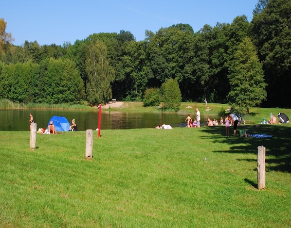 A grassy area with a pond, trees, and a blue tent. - Doppelhaushalfte, Schonwalde (Schönwalde-Glien)