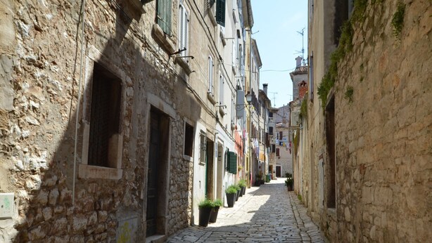 A narrow cobblestone street flanked by historic stone buildings with shutters and potted plants. - Cozy Central Stay in Rovinj (Rovinj)