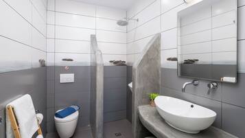Un baño moderno con ducha, inodoro y lavamanos.