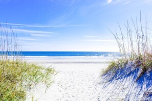 Une plage avec un chemin dégagé menant à l’océan, entourée d’herbe et de sable.