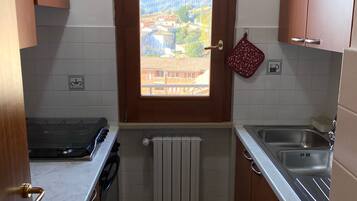 Suite familiare, vista città | Cucina privata | Frigorifero con congelatore, microonde, forno, piano cottura