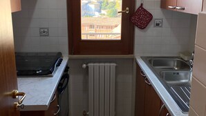Una cocina compacta con armarios de madera, una estufa a gas, un horno empotrado, una ventana con vistas a un paisaje montañoso y una toalla de cocina roja colgada en la pared.