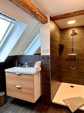 Dusche, Haartrockner, Handtücher, Seife