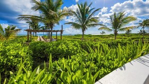 A lush green landscape with palm trees and a wooden structure.