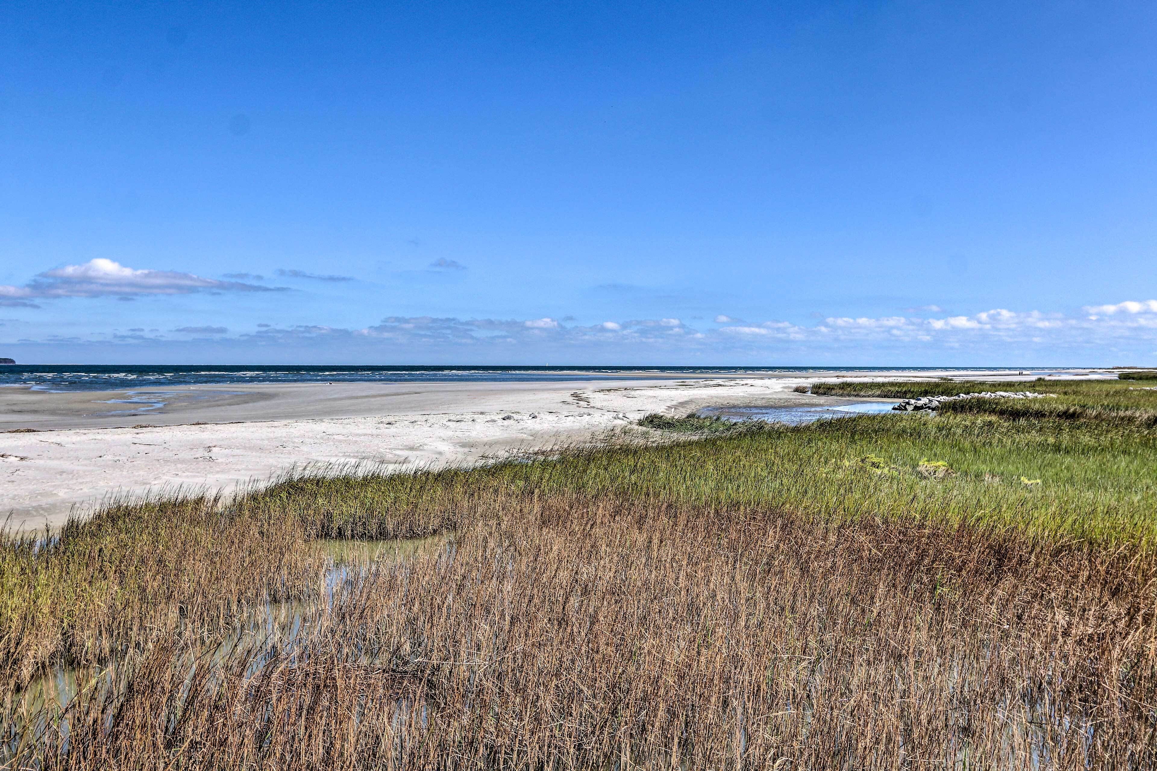 A coastal landscape with a sandy beach, grassy areas, and a clear blue sky.