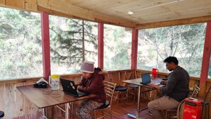 Une cabane aux murs en bois et aux grandes fenêtres, deux personnes travaillant à des bureaux séparés avec des ordinateurs portables, et un extincteur rouge posé sur le sol.
