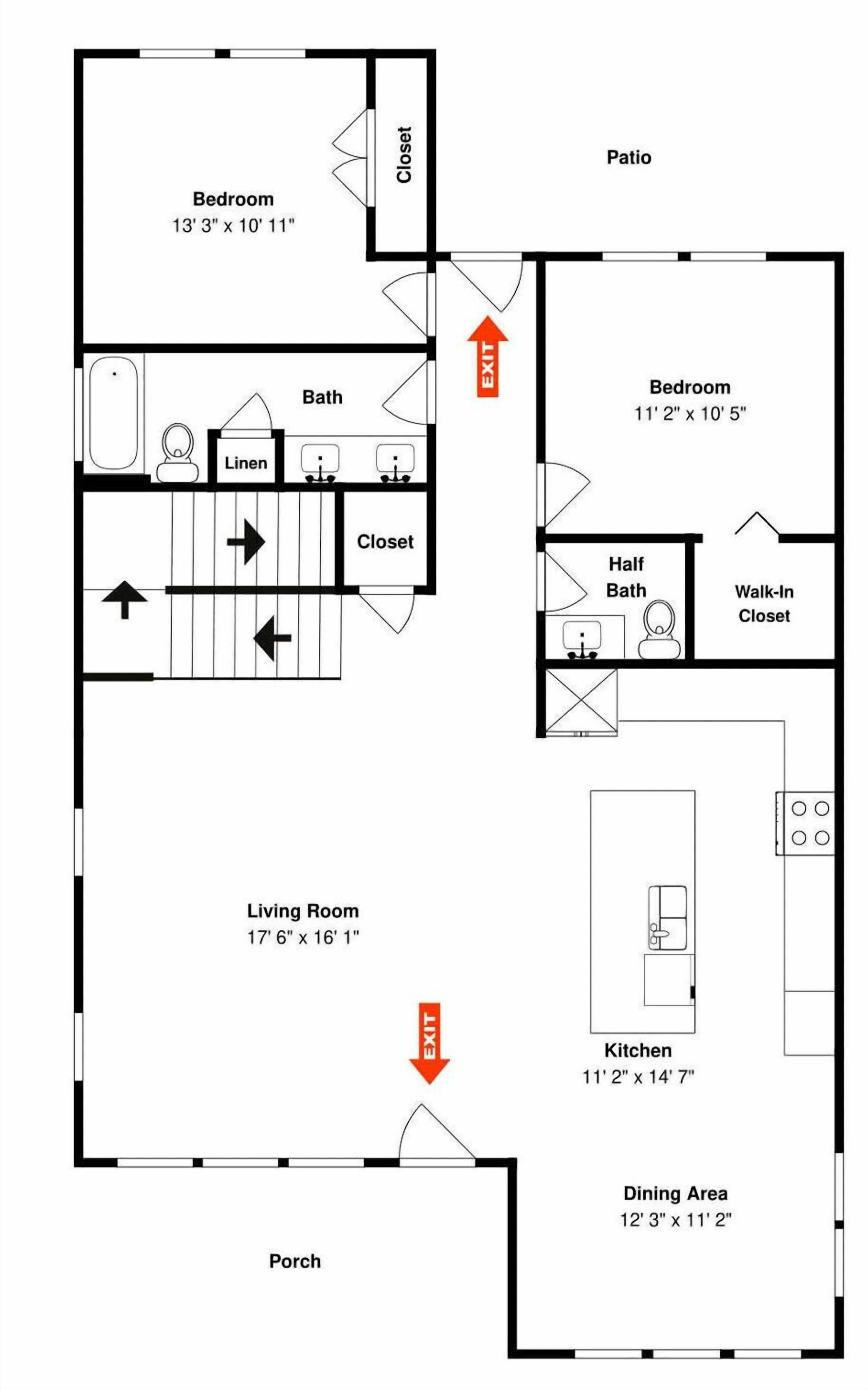 Een plattegrond van een huis met een slaapkamer, badkamer, woonkamer, terras, keuken, eetruimte en veranda.