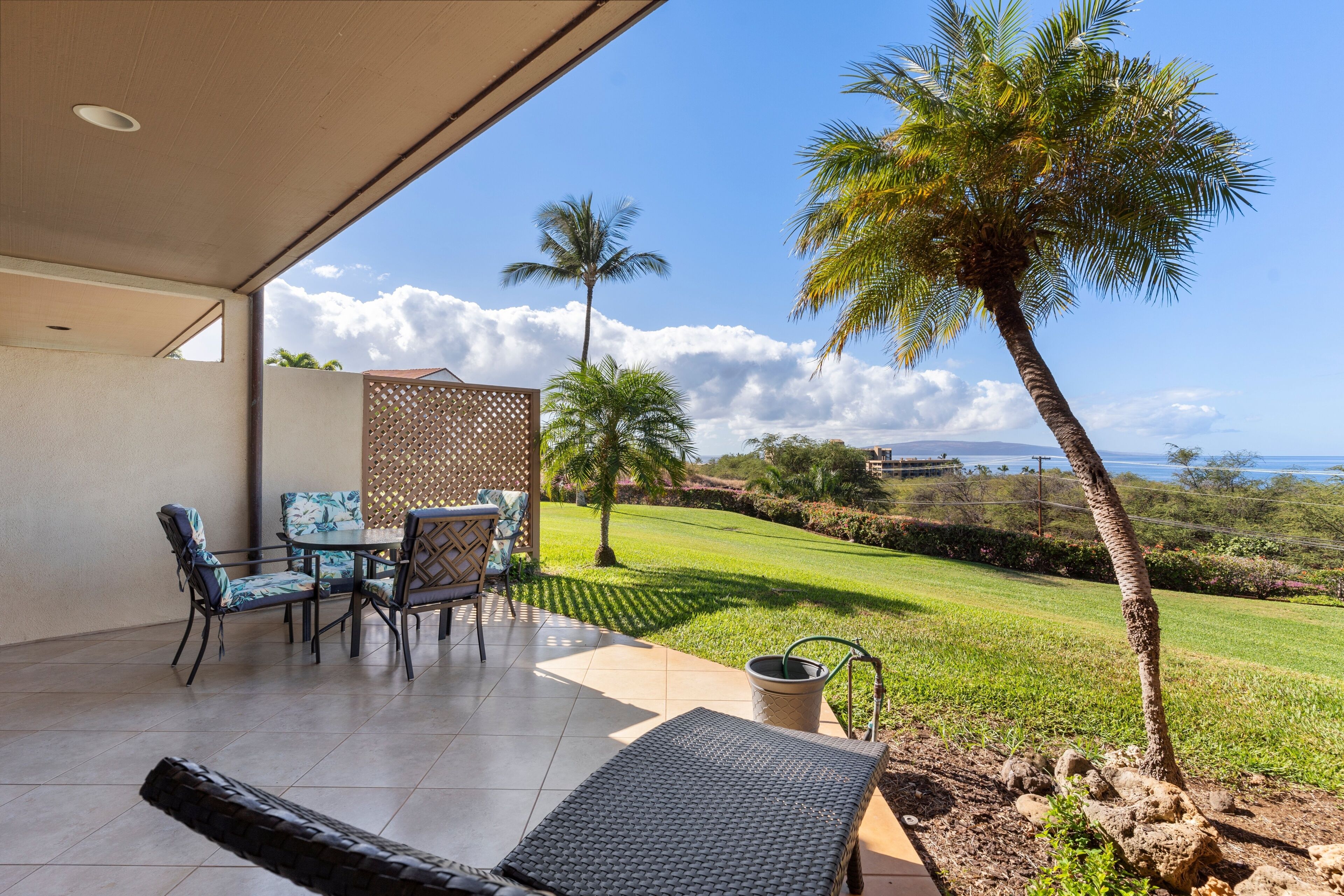 An outdoor patio with a table and chairs, a palm tree, and a view of the ocean.