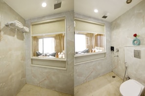 Free toiletries, children's robes, heated floors, towels