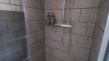 Shower, hair dryer, towels, soap
