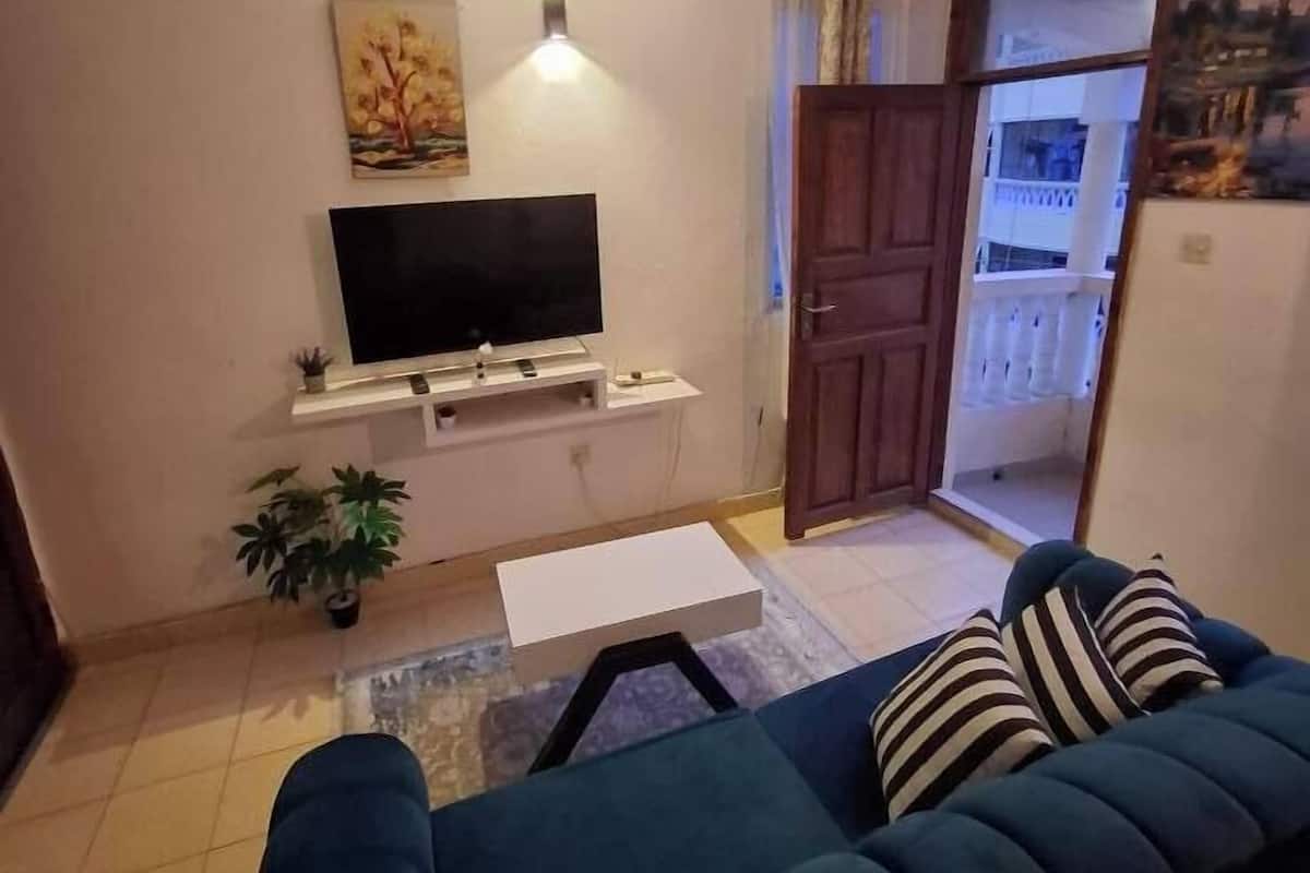 Uma sala de estar com um sofá azul escuro, uma TV de tela plana em um suporte de madeira, um ventilador de teto e uma porta que dá para uma varanda.