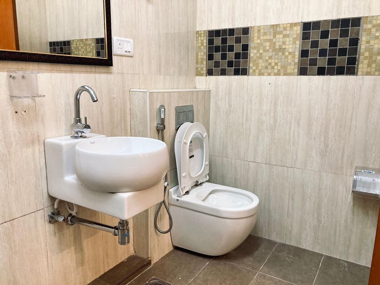 Shower, towels, soap, toilet paper