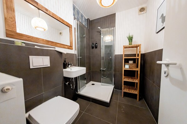 Shower, hair dryer, towels, soap