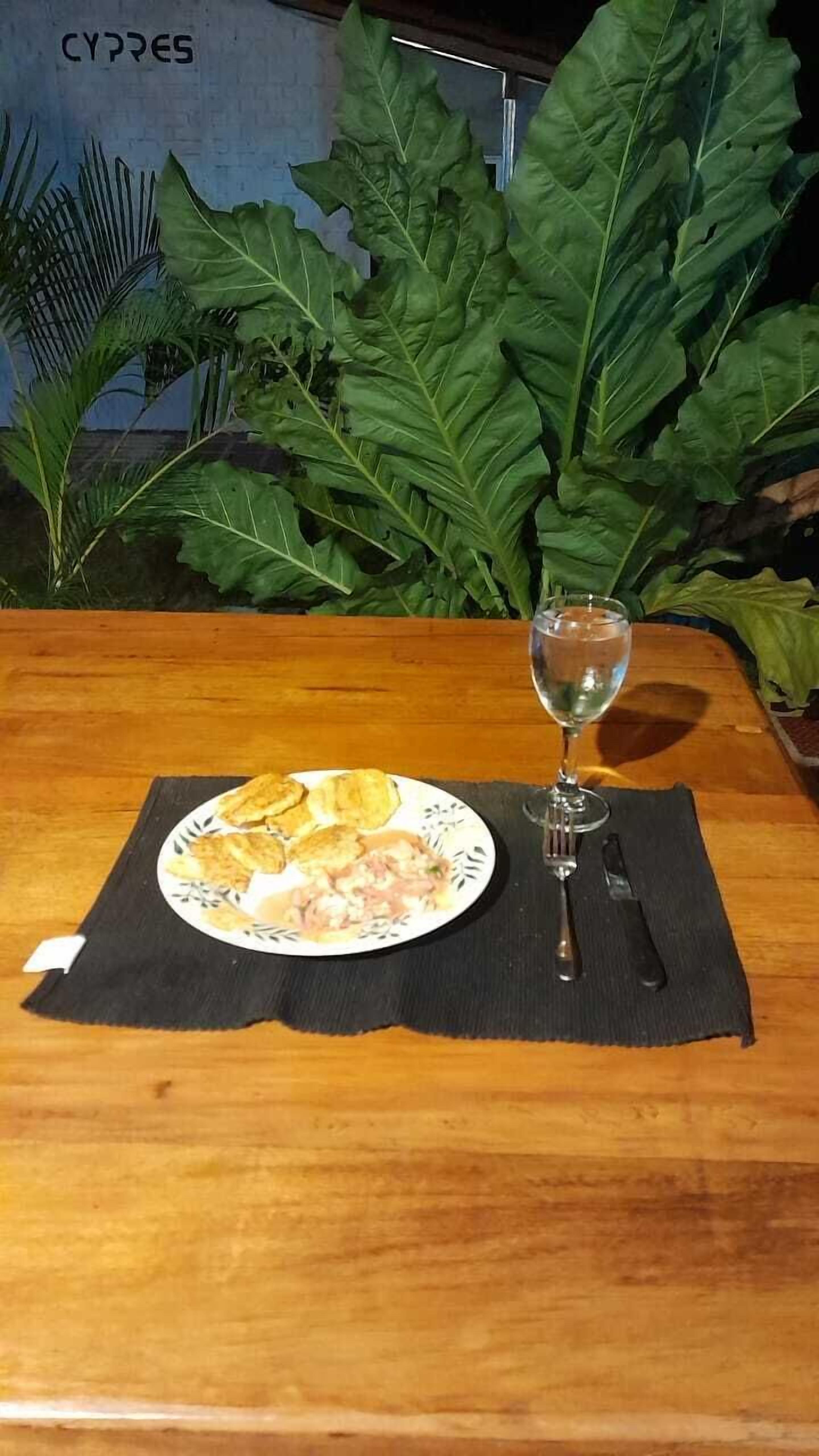 A wooden table with a plate of food and a wine glass.