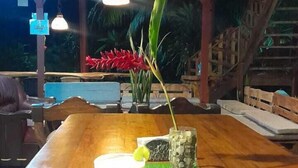 A wooden bar with a cocktail on the counter, hanging lights, and a plant in the background. - Zelandia Eco Finca (Santa Marta)