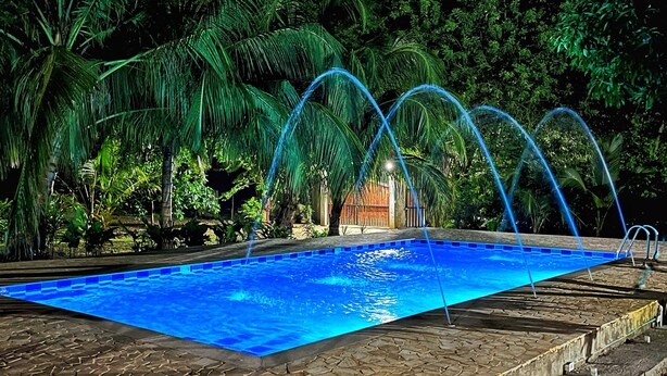A swimming pool with a tiled edge, surrounded by stone tiles and palm trees. - Zelandia Eco Finca (Santa Marta)