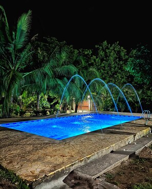 A swimming pool with a tiled edge, surrounded by stone tiles and palm trees. - Zelandia Eco Finca (Santa Marta)