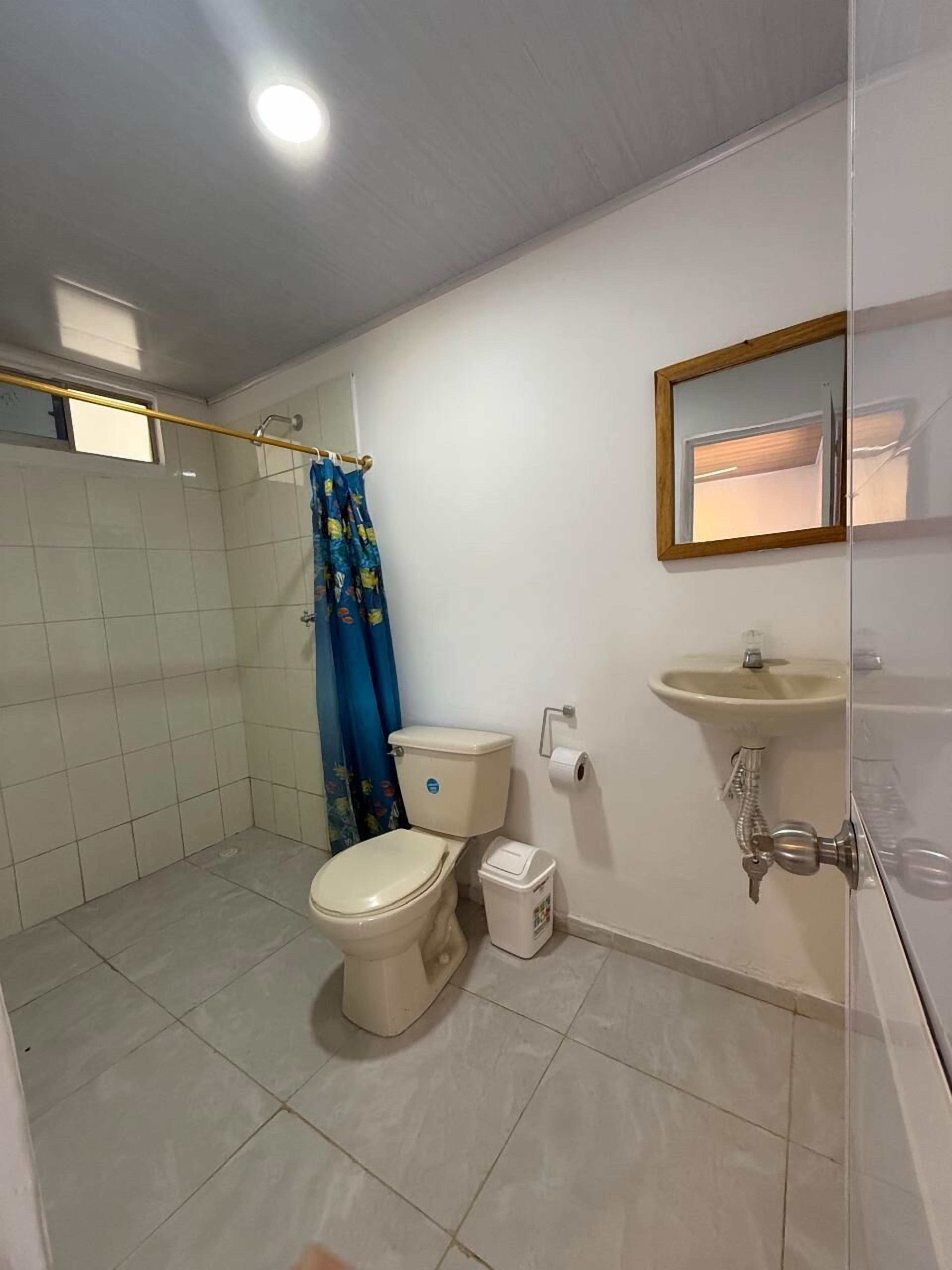 Une salle de bain comprenant des toilettes, un lavabo, un miroir et un espace douche.