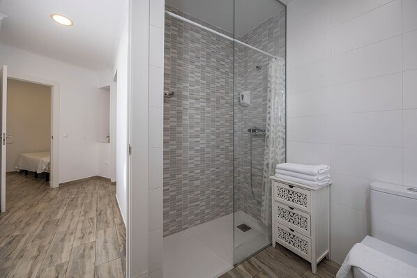 Shower, hair dryer, towels, soap