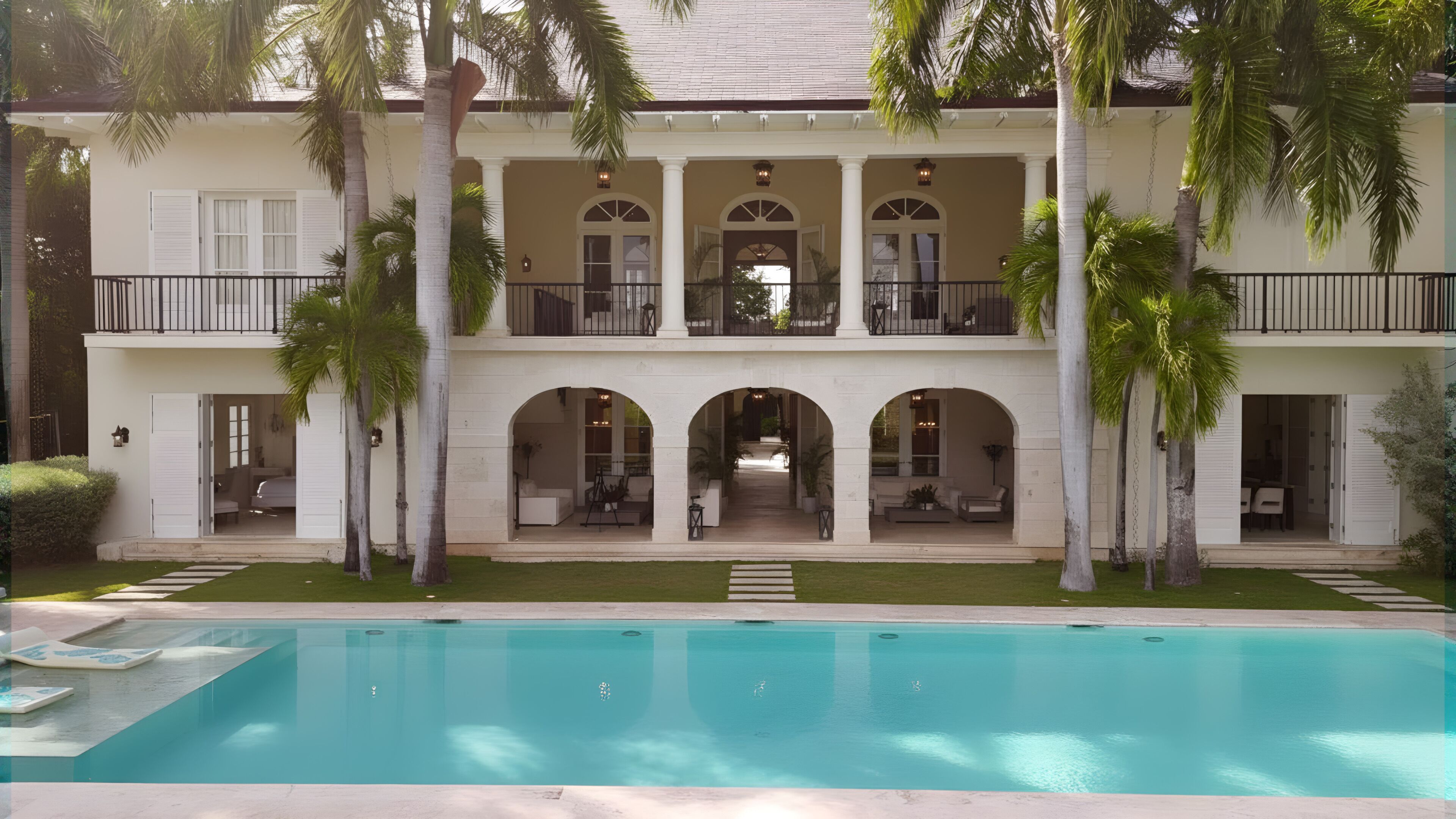 A two-story building with a swimming pool in front.