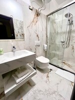 Shower, free toiletries, hair dryer, soap