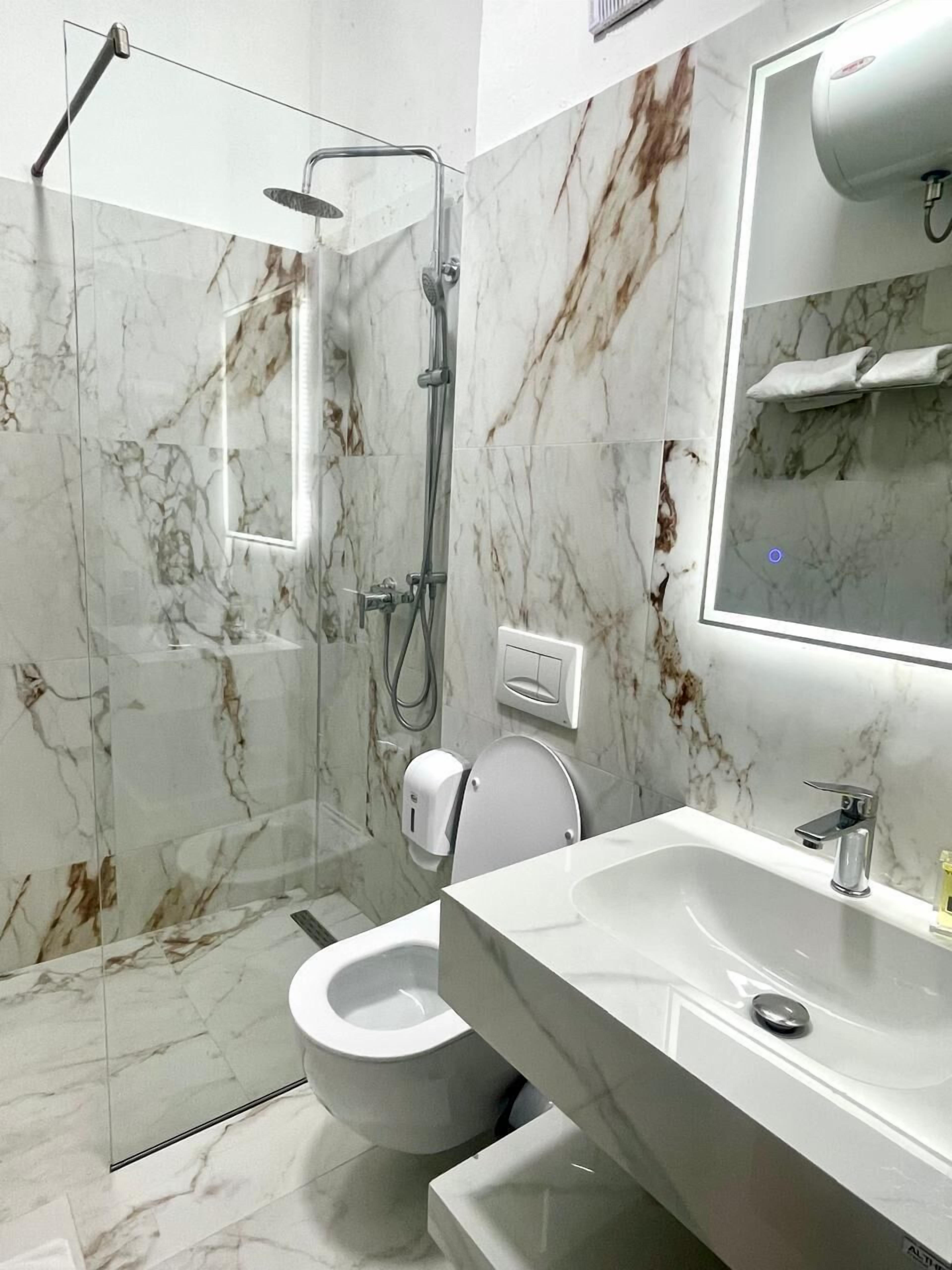 Shower, free toiletries, hair dryer, soap