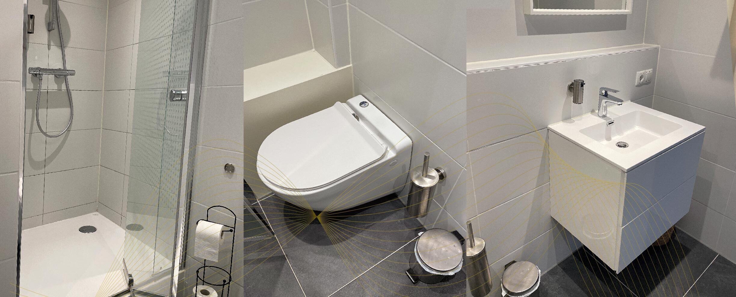 A modern bathroom with a glass-enclosed shower, a toilet, and a sink.