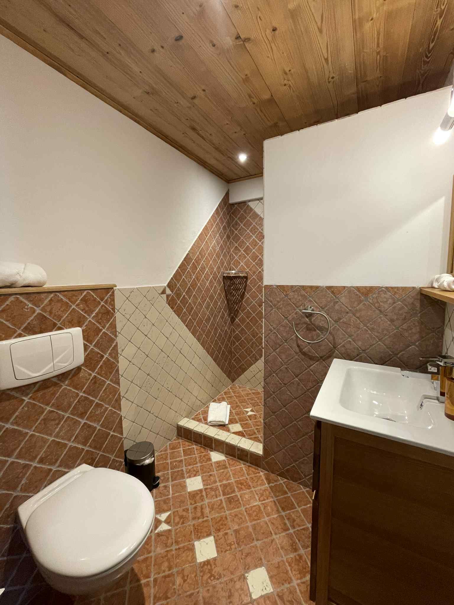 A bathroom with a wooden ceiling, a white toilet, a sink with a mirror, and a shower area with brown and beige tiles.