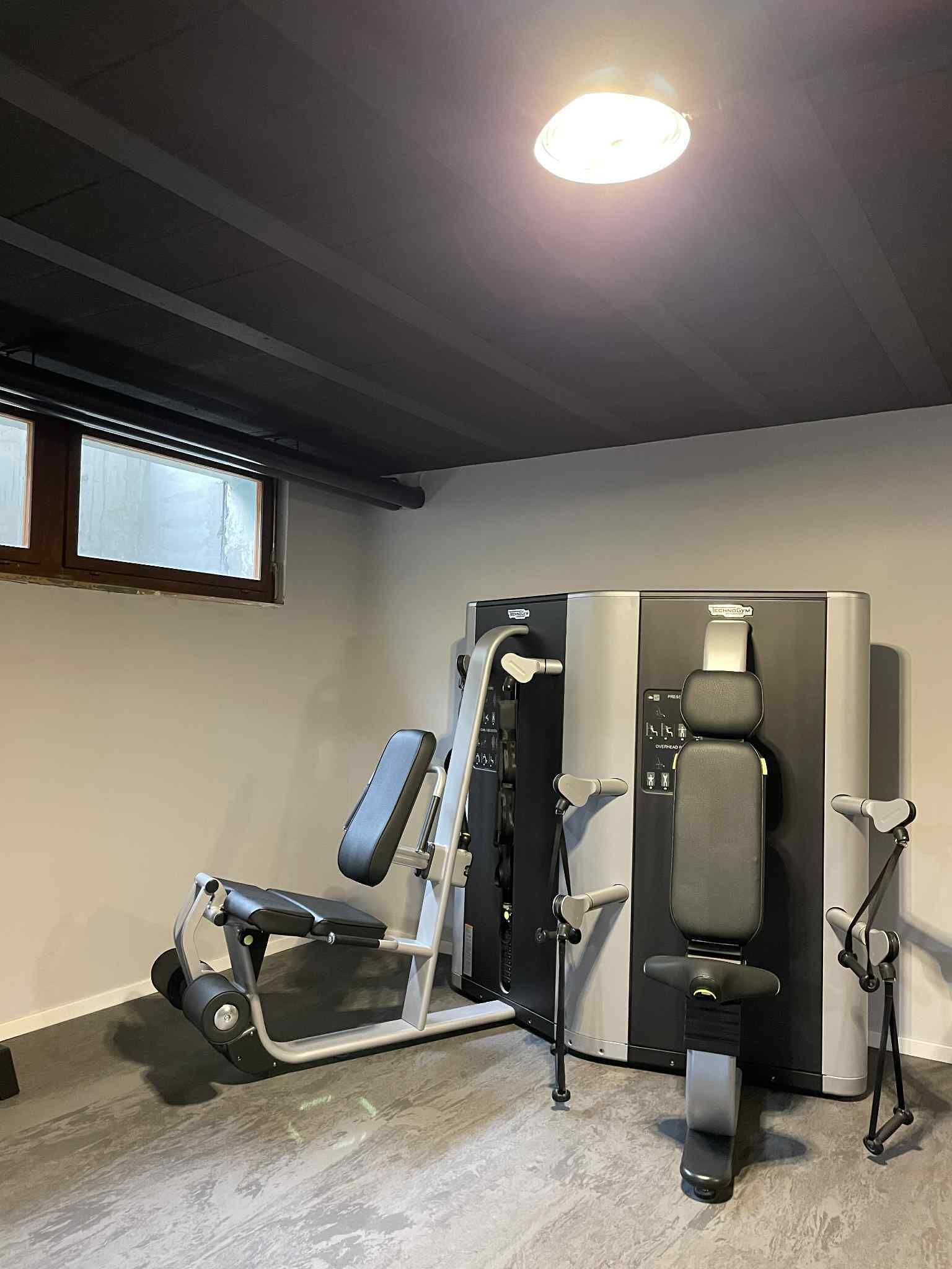 Un gimnasio en casa con una banca de pesas, una estructura para sentadillas y una barra para dominadas.