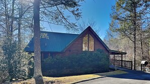 A log cabin with a steeply pitched roof, surrounded by trees and a paved driveway.
