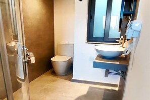 Eco-friendly toiletries, hair dryer, towels, soap