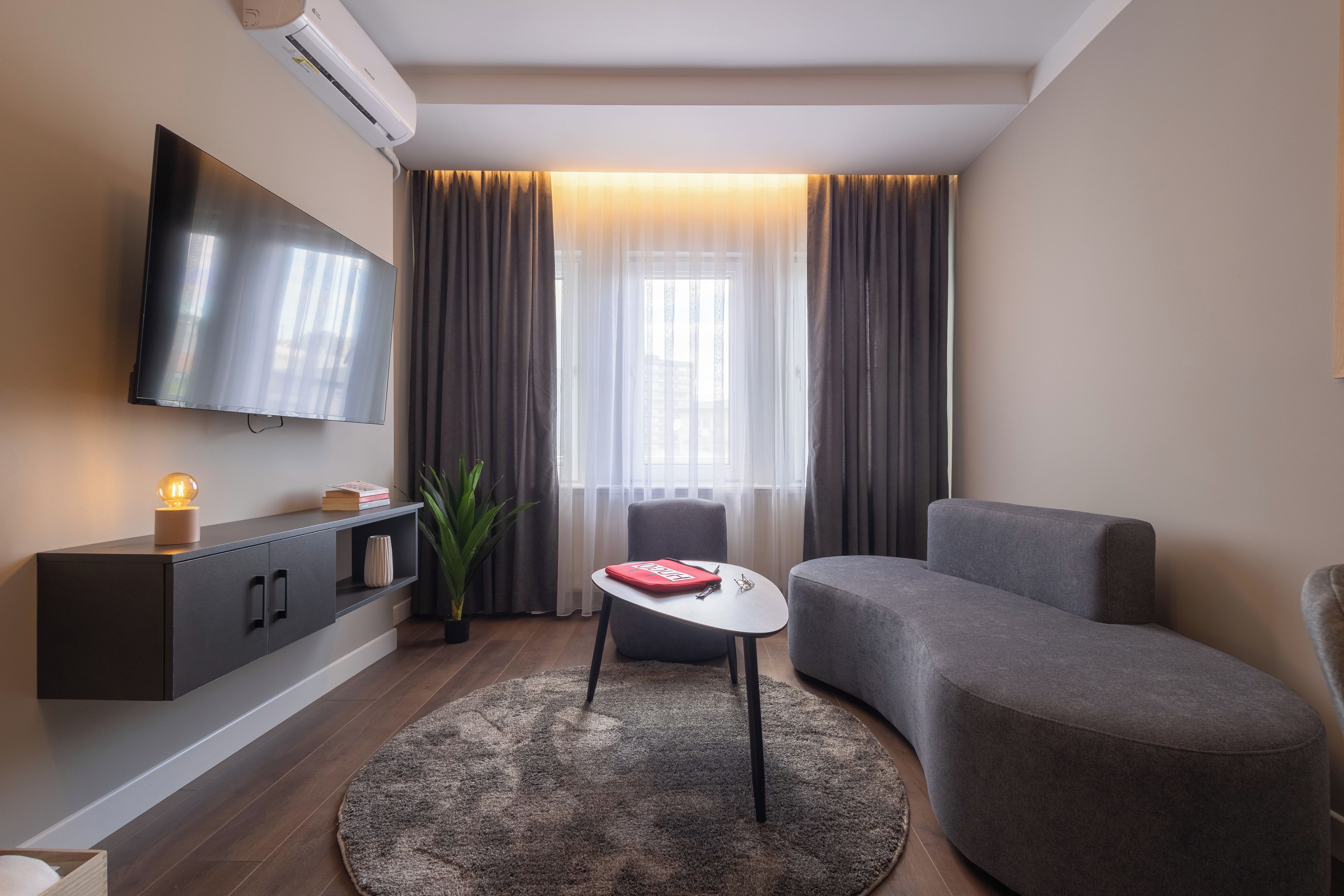 Een moderne woonkamer met een flatscreen-tv, een grijze bank, een klein rond tafeltje en een potplant.