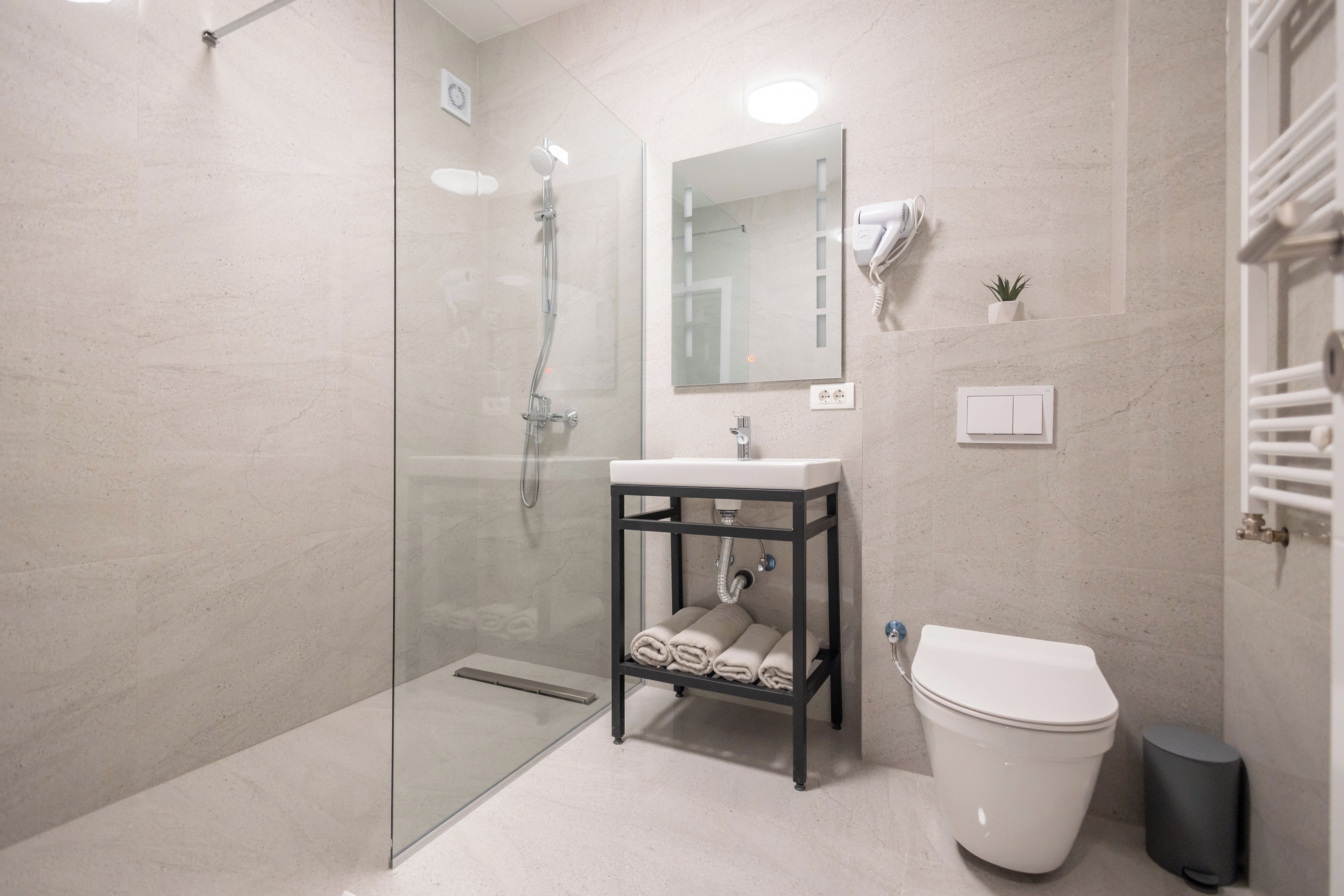 Ein modernes Badezimmer mit Duschkabine aus Glas, Waschbecken mit Handtuchhalter, Toilette und einer kleinen Topfpflanze.