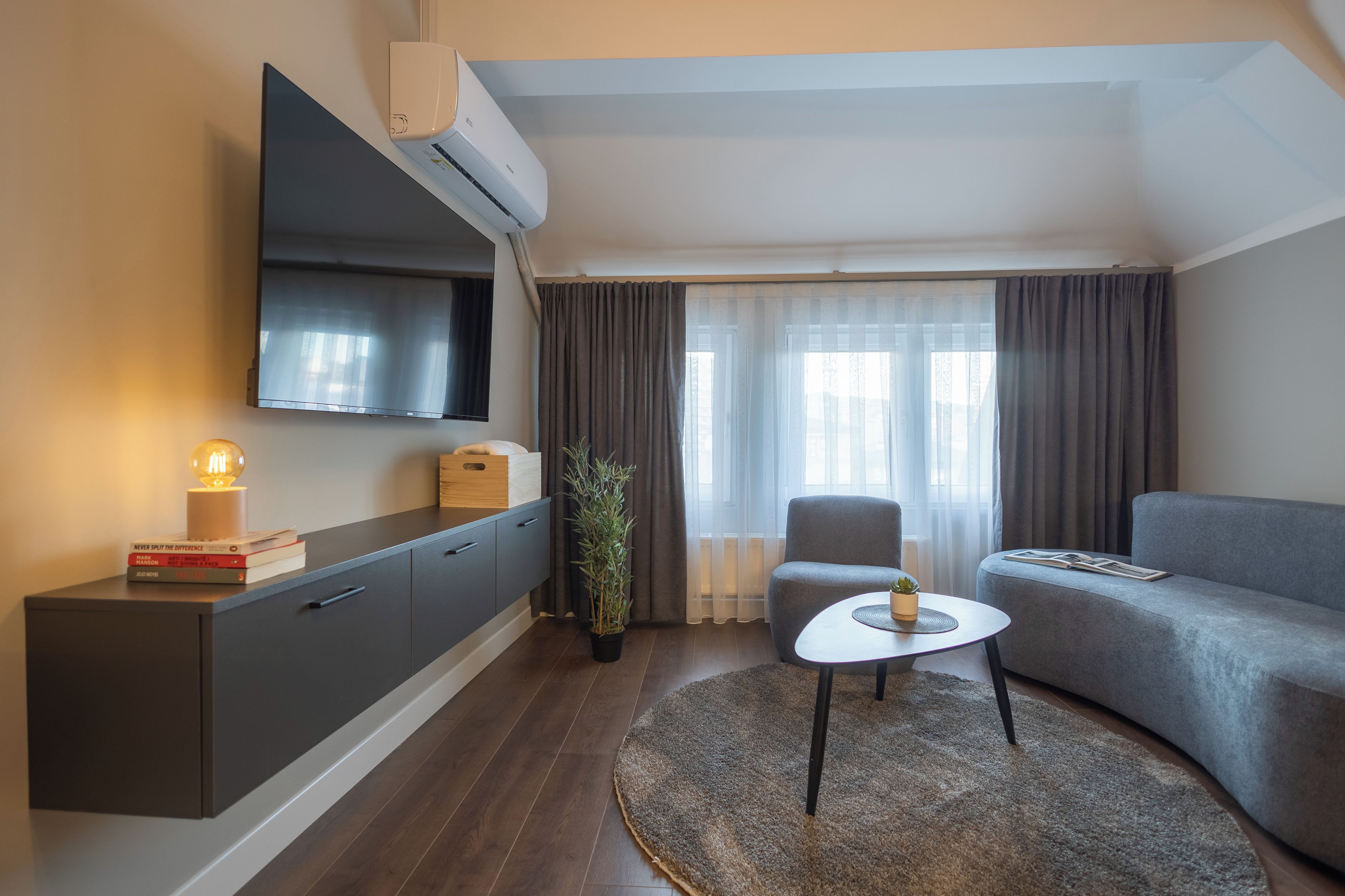 Un salon moderne avec un téléviseur à écran plat fixé au mur, un canapé gris, une petite table ronde agrémentée d’une plante, et une plante en pot placée à côté du canapé.