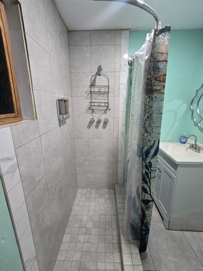 Dusche, Haartrockner, Handtücher, Seife