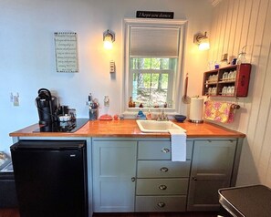 Cocina compacta con lavamanos, cafetera y refrigerador.