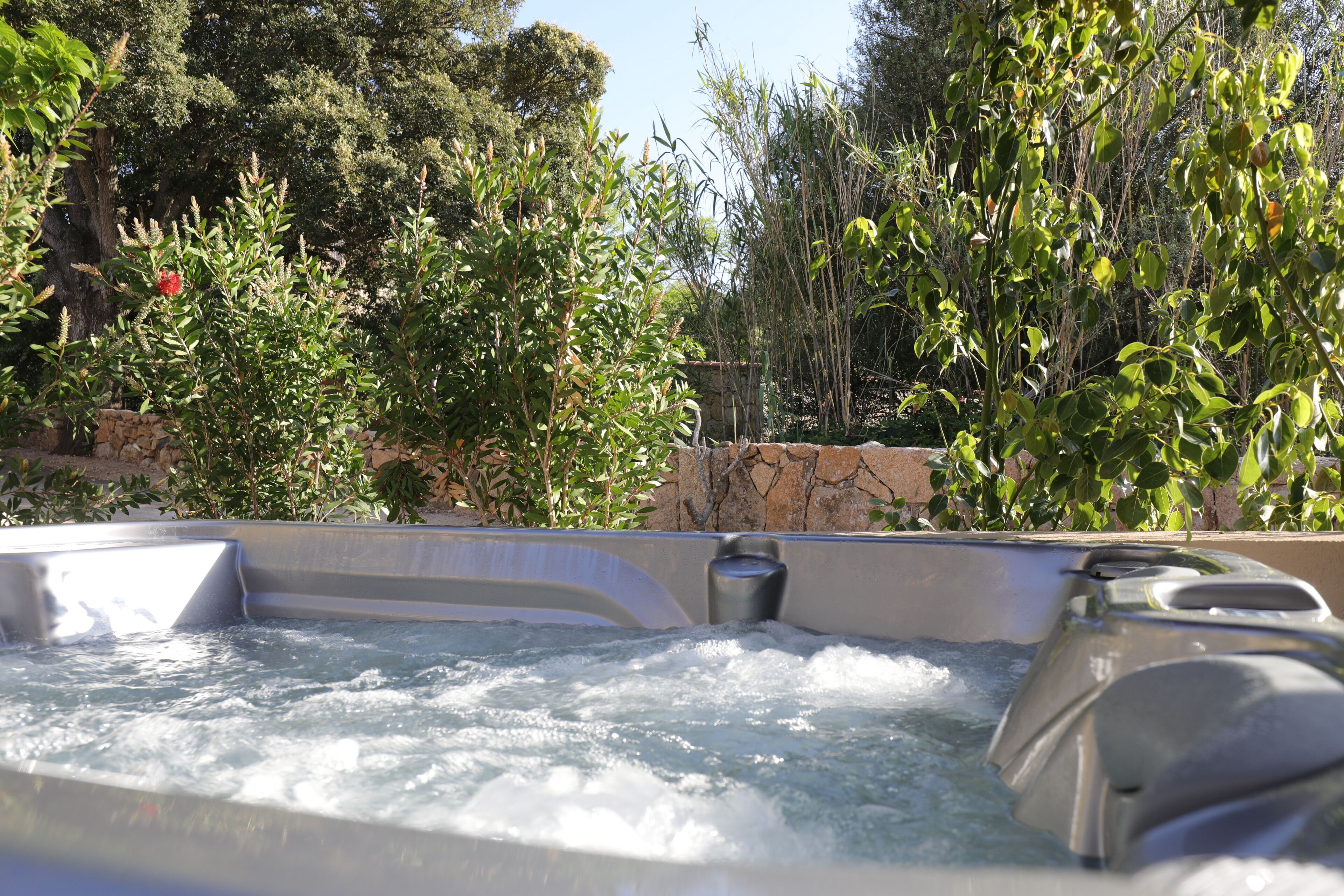 Un jacuzzi rodeado de abundante vegetación y un muro de piedra.