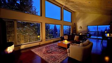 Smart TV, fireplace, books