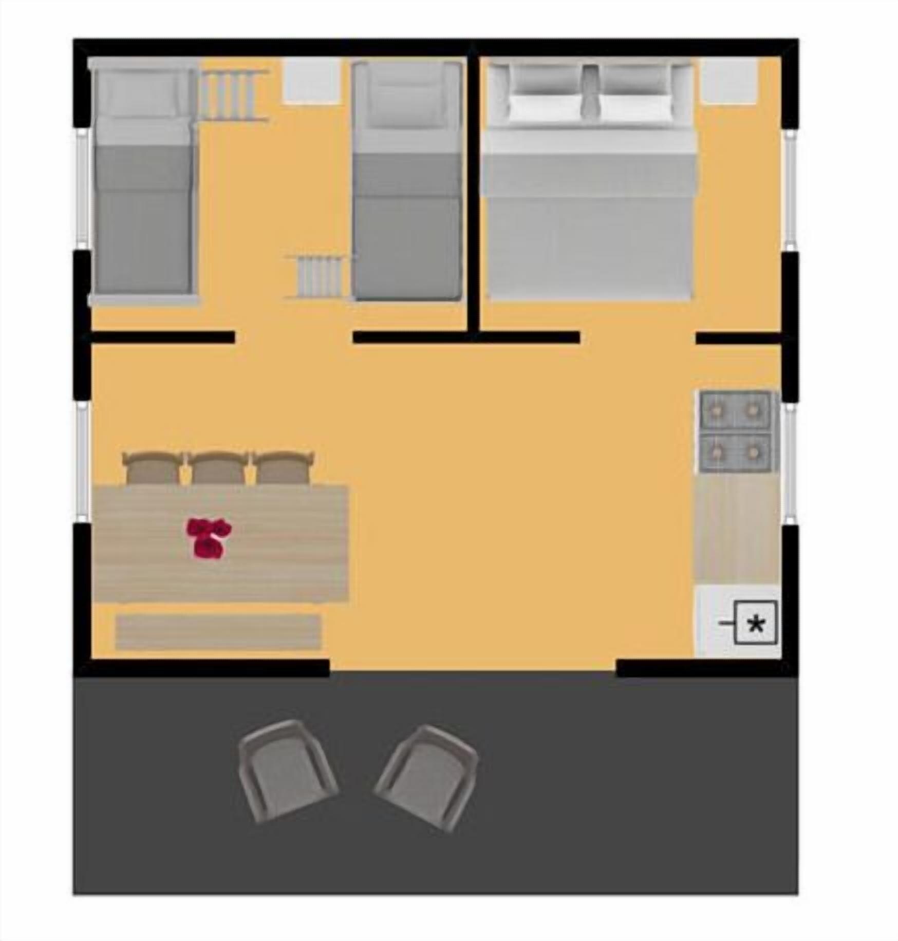Indeling van een appartement met twee slaapkamers, een keuken, een eethoek en twee stoelen.