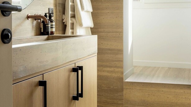 A modern bathroom with a wooden vanity, a large mirror, and a window with a view of bare trees. - Cosy Apat With AC -3br- 8P- Canal Saint-martin (Paris)